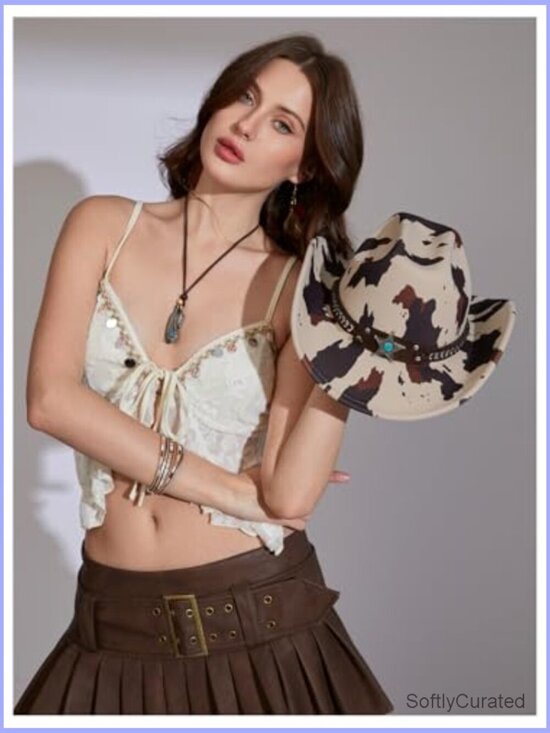 Cow Print Cowgirl Hat with Metal Star Hatband Western Travel Costume main image 5
